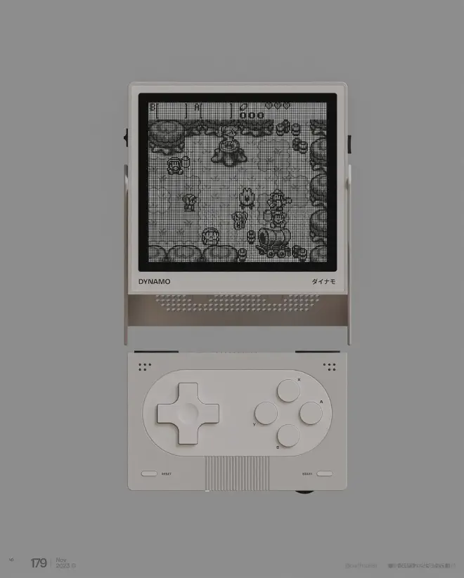 A modern handheld video game console inspired by the classic Game Boy, featuring a minimalist design with a detachable screen and retro-style buttons.