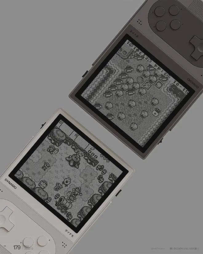 A modern handheld video game console inspired by the classic Game Boy, featuring a minimalist design with a detachable screen and retro-style buttons.