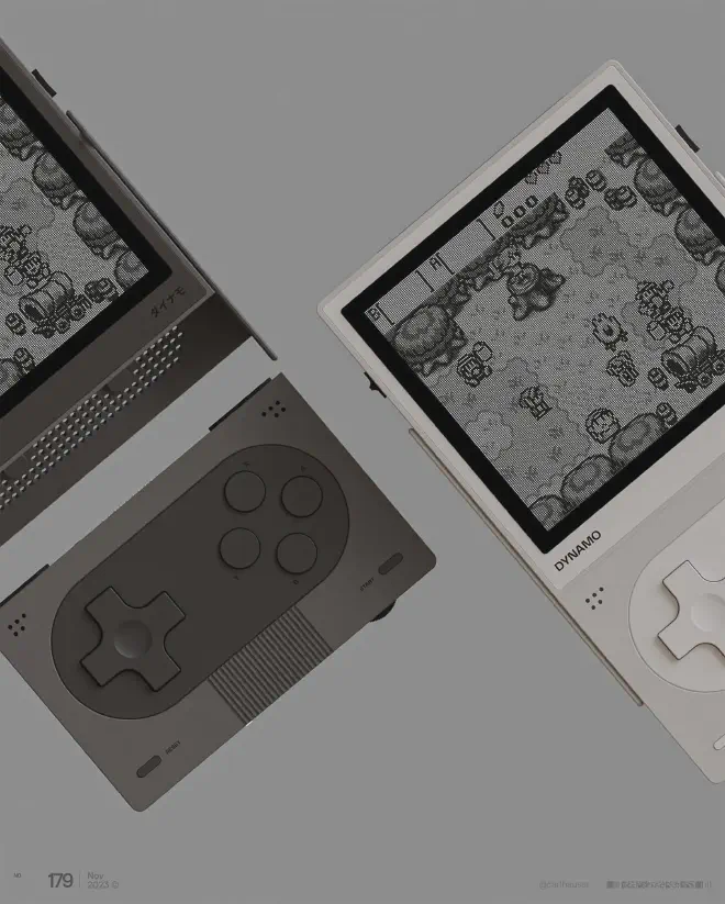 A modern handheld video game console inspired by the classic Game Boy, featuring a minimalist design with a detachable screen and retro-style buttons.